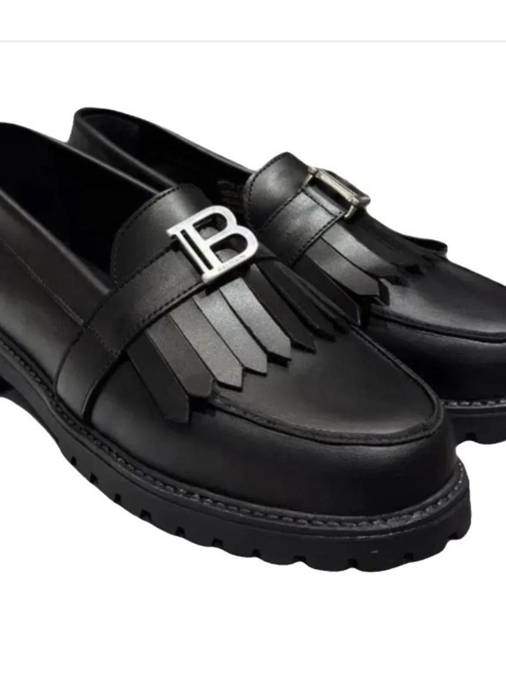 Balenciaga Black Leather Kiltie Loafers with Silver B Hardware